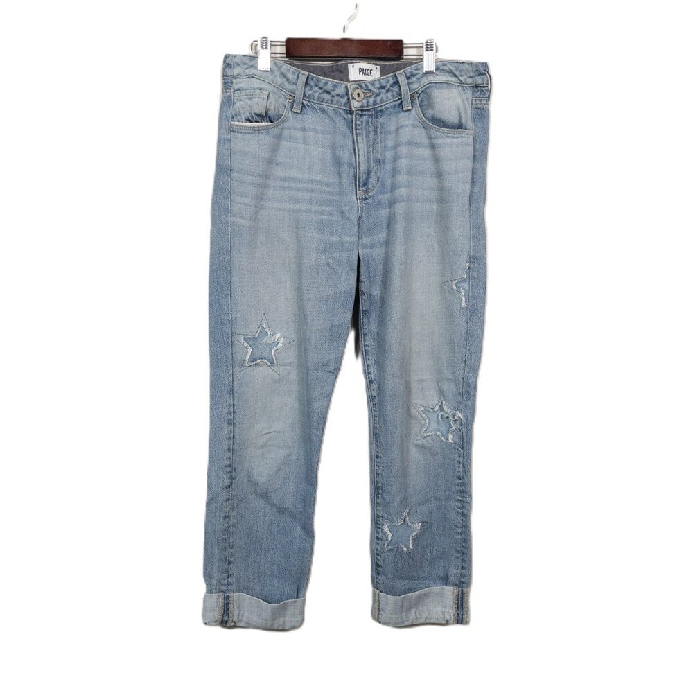 PAIGE Light Wash Boyfriend Jeans with Star Patches